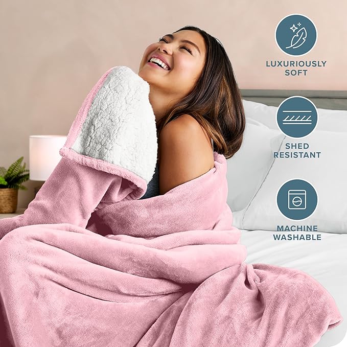 Bare Home Sherpa Fleece Blanket - Full/Queen Size - Blanket for Bed, Sofa, and Couch - Warm & Lightweight - Fluffy & Soft - Reversible (Full/Queen, Light Pink)
