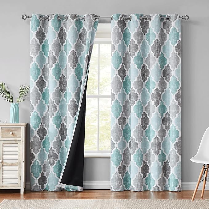 Beauoop 100% Blackout Curtains 90 Inches Long 2 Panels for Bedroom Living Room Aqua Grey Moroccan Geo Room Darkening Thermal Insulated Soundproof Grommet Top Window Treatments Drapes, 50x90 Set of 2