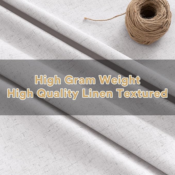 PrinceDeco 100% Blackout Curtains Nature Linen Blended 84 Inch Long Room Darkening Solid Black Out Curtains for Living Room Thermal Insulated Nickel Grommet 2 Panels Set - Heathered White