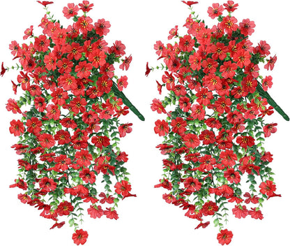 INSPRING Artificial Faux Outdoor Outside Flowers Plants, 2 PCS Fake Silk UV Resistant Look Real Red Daisy Trailing Vines for Front Door Porch Planter Urn Patio Balcony Decoration