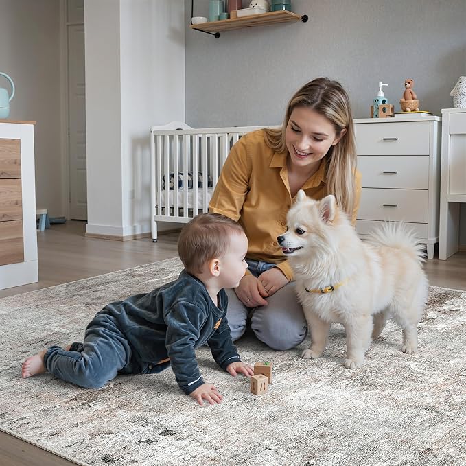 Abstract Rug 8x10 Large Living Room Rugs Neutral Modern Washable Area Rugs for Bedroom Dining Room Non-Slip Stain Resistant Foldable Thin Rug Grey Pink