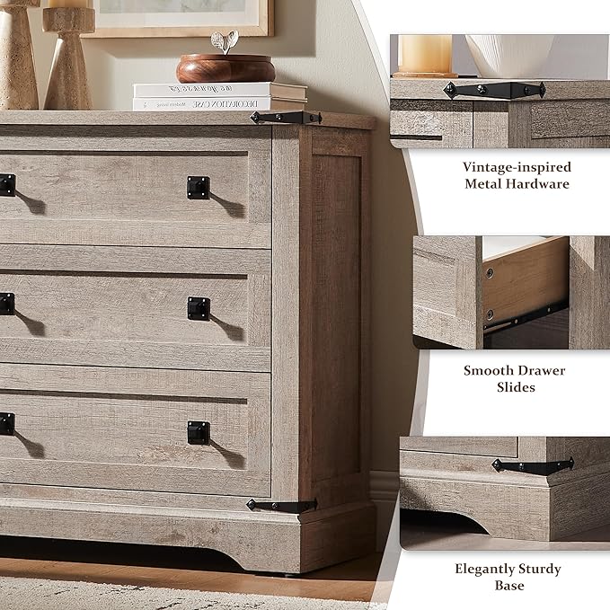 T4TREAM Farmhouse 3 Drawers Dresser for Bedroom, Rustic Wood Double Dresser TV Stand, Wide Storage Dressers Organizer for Living Room, Hallway, Light Rustic Oak