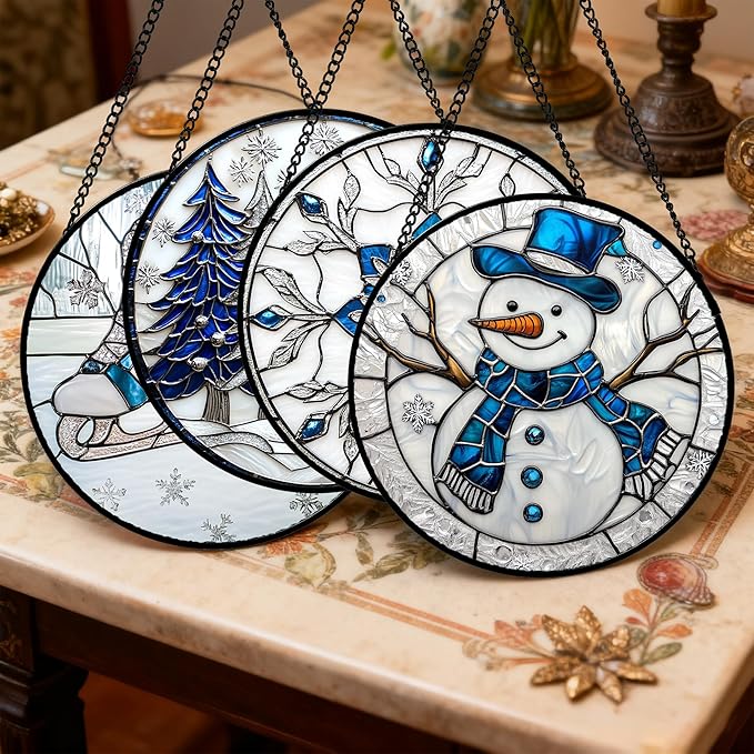 Stained Glass Window Hanging 4 Pcs Set White Winter Christmas Snow Scene 6.3" - Suncatcher Door Garden Sun Catcher Decor Birthday for Mom Woman Nana Men Friend Wife