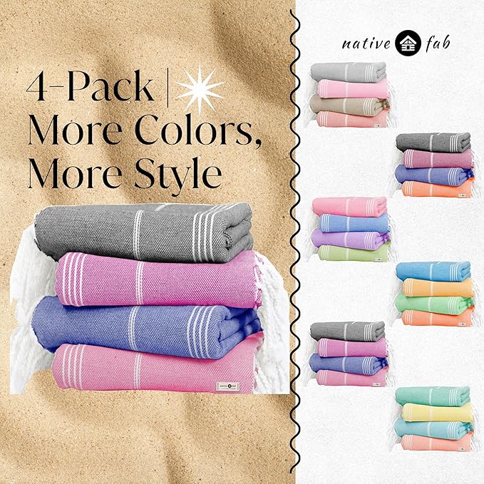 Native Fab Oversized Turkish Towels 4 Pack, Quick Dry, Lightweight, Durable, Absorbent, Sand Resistant, Multipurpose for Pool, Bath, Spa, Travel, Summer - Pink, Magenta, Indigo Blue, Grey