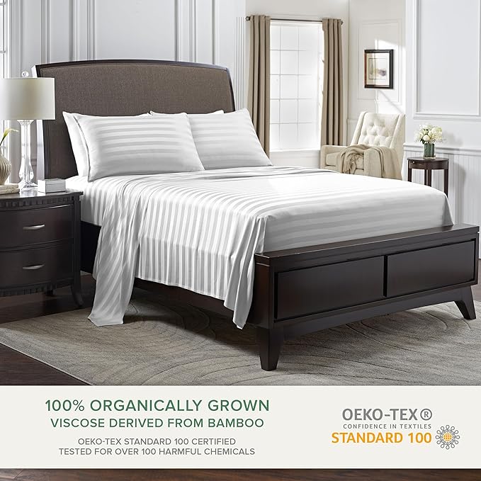 Pure Bamboo Twin Sheets, Genuine 100% Organic Viscose Derived from Bamboo Bed Sheet Set, Luxuriously Soft & Cooling, Double Stitching, 2 Year Quality Promise (Twin, Jacquard White)