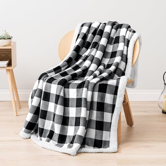 PAVILIA Black and White Buffalo Plaid Sherpa Throw Blanket for Couch, Plush Checkered Fleece Blanket and Throws, Soft Fuzzy Flannel Blanket for Sofa Bed, Warm Cozy Winter Blanket Gift, 50x60