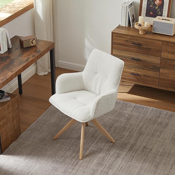 Art Leon Mid Century Swivel Chair - Boucle Fabric Upholstered Desk Chair No Wheels, Accent Armchair with Oak Wood Legs for Small Space Living Room Bedroom, Set of 2, Off White