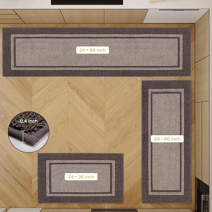 Kitchen Rugs 24" x 36", Non-Slip Machine Washable Kitchen Runner Rugs Floor Mats, Absorbent Comfort Standing Mats for Kitchen, Sink, Laundry and Hallway, Beige & Grayish Brown