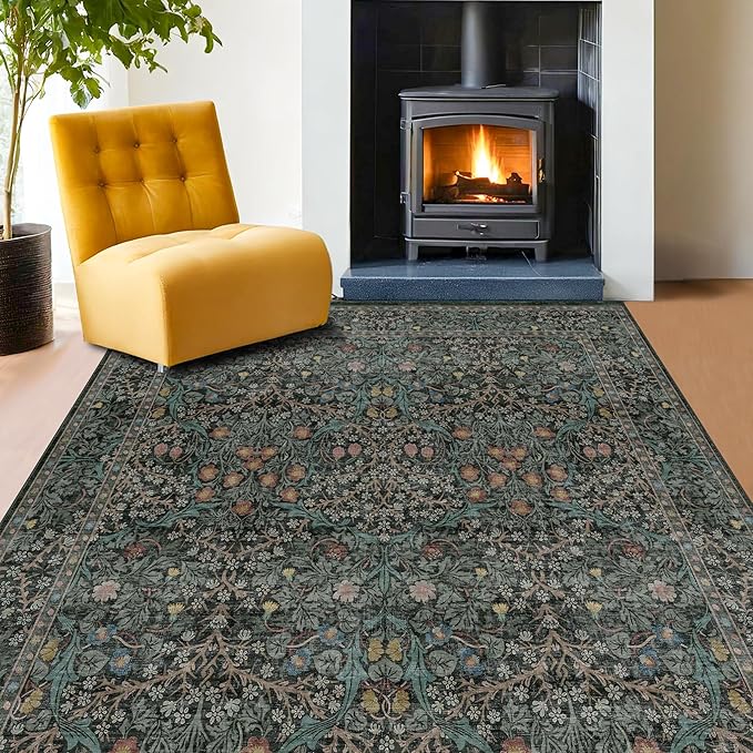 Dining Room Rugs for Under Table - 7x9 Washable Dark Green Oriental Area Rug for Living Room, Non-Slip Floor Carpet for Bedroom Under Bed - Vintage Design & Stain Resistance