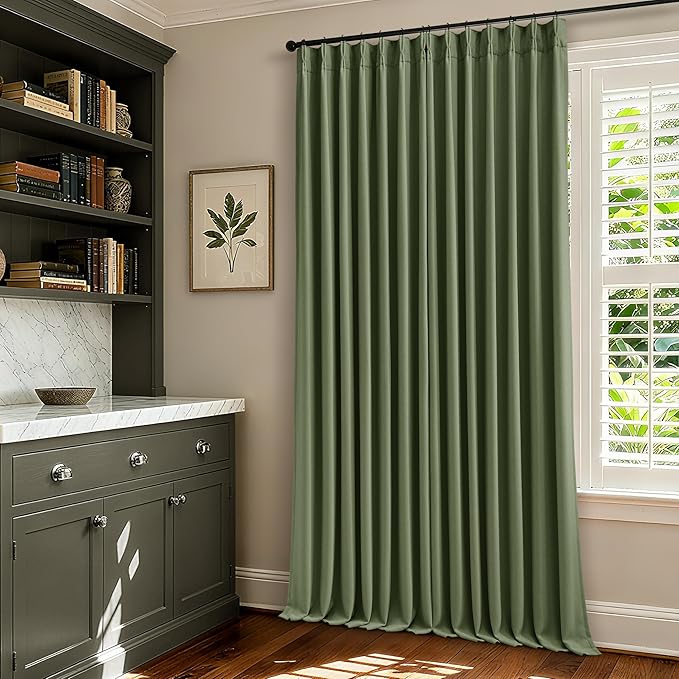 Thick Linen Olive Green Blackout Curtains 90 Inches Long for Living Room Bedroom 100% Black Out Pinch Pleated Drapes Double Layer Room Darkening Light Blocking Thermal Insulated 90 Inch Curtain Loden