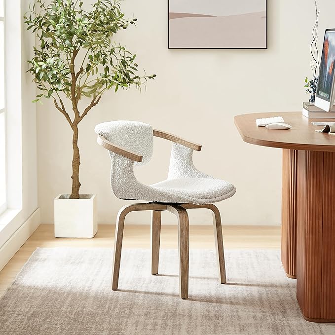 Art Leon Swivel Dining Chairs, Set of 2, Mid Century Modern Boucle Fabric Kitchen Dining Room Chair with Arms, Desk Chairs No Wheels, White
