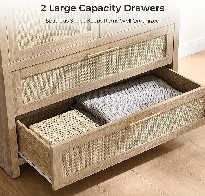 SICOTAS Armoire Wardrobe Closet, Larger Rattan Armoires Wardrobe Cabinet with 2 Large Drawers & Hanging Rod, Tall Closet Storage Cabinet for Cloak Room, Bedroom, Light Oak (3 PCS)