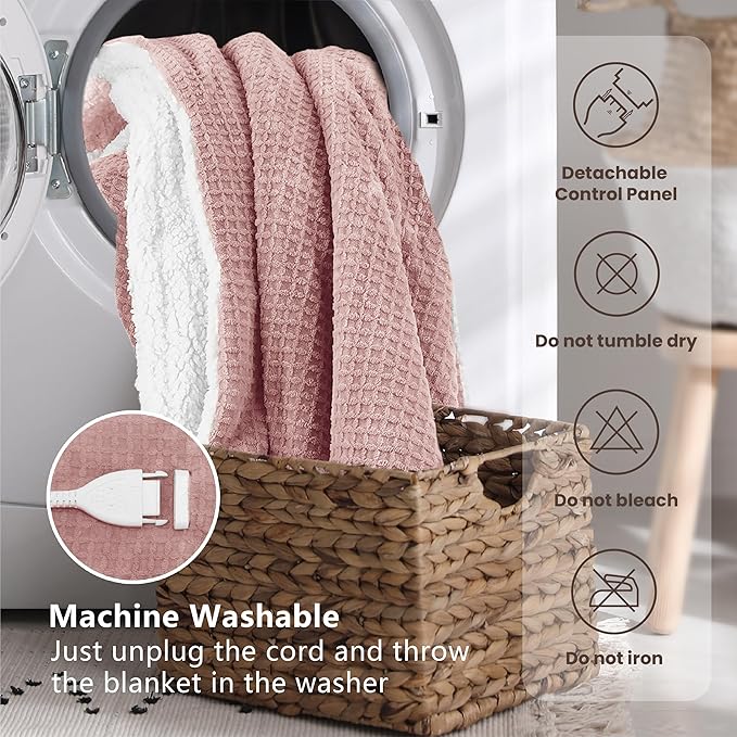 Heated Blanket Electric Blanket Full Waffle,72x84 Inches Sherpa Fleece Fast Heating Blanket 6 Heating Levels & 10 Hours Auto Off ETL Certification,Pink Full
