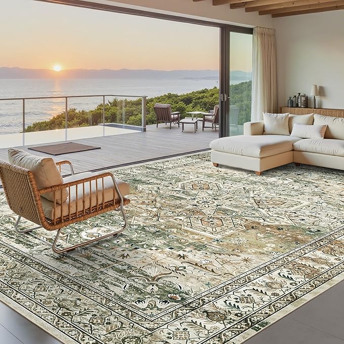 Washable Area Rug 8x10, Large Soft Rugs for Living Room Farmhouse Vintage Area Rugs for Bedroom Dining Room Non-Slip Stain Resistant Under Table Rug Olive Beige