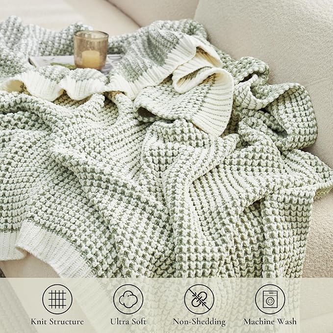 Amélie Home Waffle Chenille Throw Blanket for Couch, Pineapple Stitch Knit Soft Cozy Knit Blanket Decorative Throw for Sofa, Chair, 60 * 80", Sage Green&Ivory