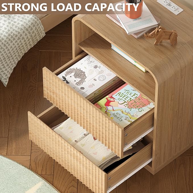 Dresser with 2 Drawers and Charging Station, Fluted Bedside Table with Round Curved Corner, Hidden Handles, 2 AC Outlets and 2 USB Ports, Modern Wood End Table with Open Shelf for Bedroom