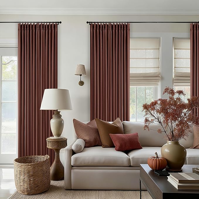 Chestnut Brown Pinch Pleated Blackout Linen Curtains 86 Inches Long for Bedroom Pleated 100% Black Out Drapes with Liner Rust Farmhouse Country Extra Long 86 Inch Curtain for Living Dining Room