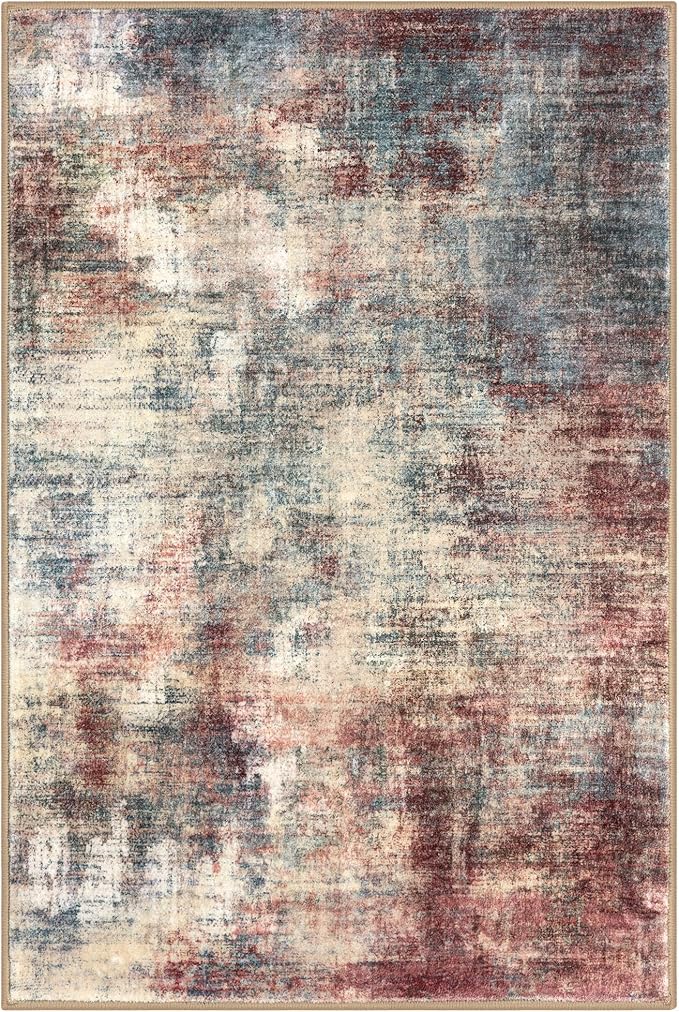 IOHOUZE Small Abstract Area Rug 2x3 Ft Entryway Rugs Washable Door Mat Indoor Entrance, Rubber Backed Throw Rugs, Printed Faux Wool Non Slip Floor Carpet for Foyer Front Door Sink, Red/Multi