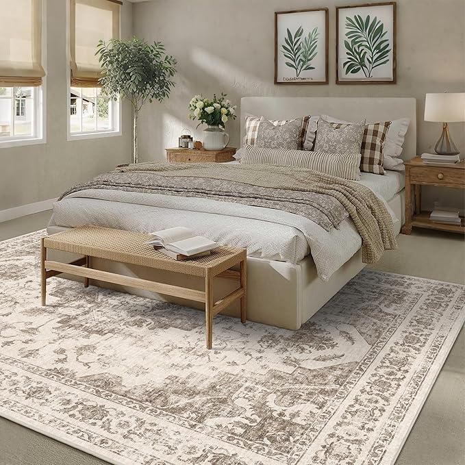 8x10 Vintage Washable Area Rugs Boho Medallion Large Distressed Retro Accent Carpet Floral Non-Slip Soft Low Pile Indoor Throw Rug for Living Room Bedroom Dining Room Office Kitchen, Taupe