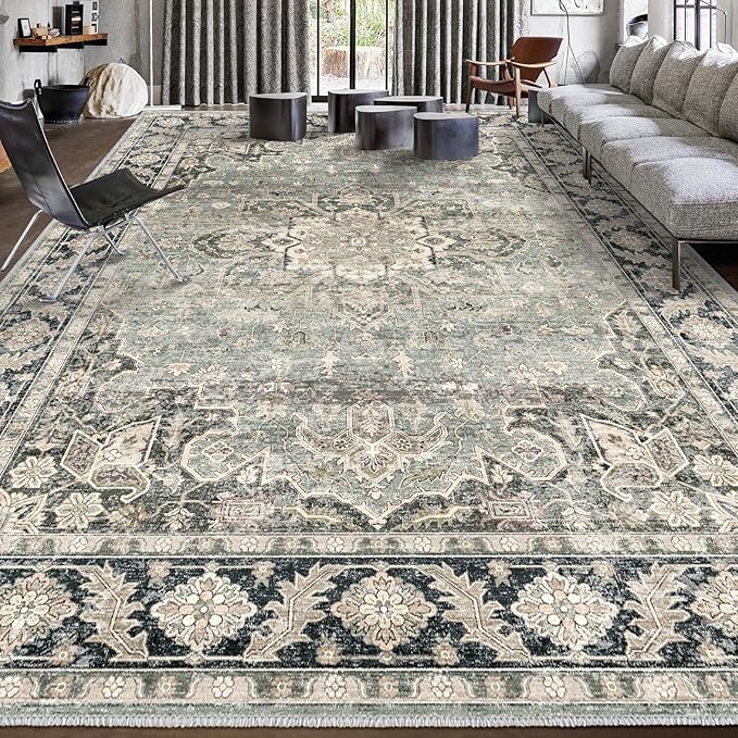 7X9 Area Rugs - 7X9 Washable Area Rug Indoor Vintage Rug Print Rug Low-Pile Floor Carpet for Living Room, Bedroom (Olive Charcoal)