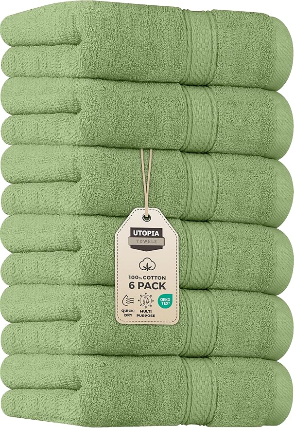 Utopia Towels 6 Pack Premium Hand Towels Set, 16 by 28 inches, 100% Ring Spun Cotton, Ultra Soft and Highly Absorbent 600GSM Towels for Bathroom, Gym, Shower, Hotel, and Spa, Sage Green