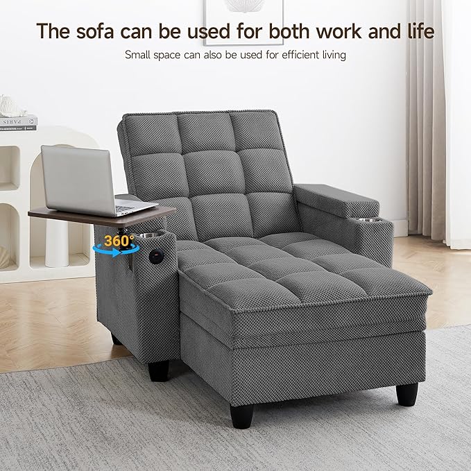 41.7" Chaise Lounge Chair Indoor, Oversized Boucle Upholstered Sofa Bed, Adjustable Backrest Deep Seat Reading Chair, Sofas Couches for Living Room with Storage, Cup Holders & 360° Swivel Side Table