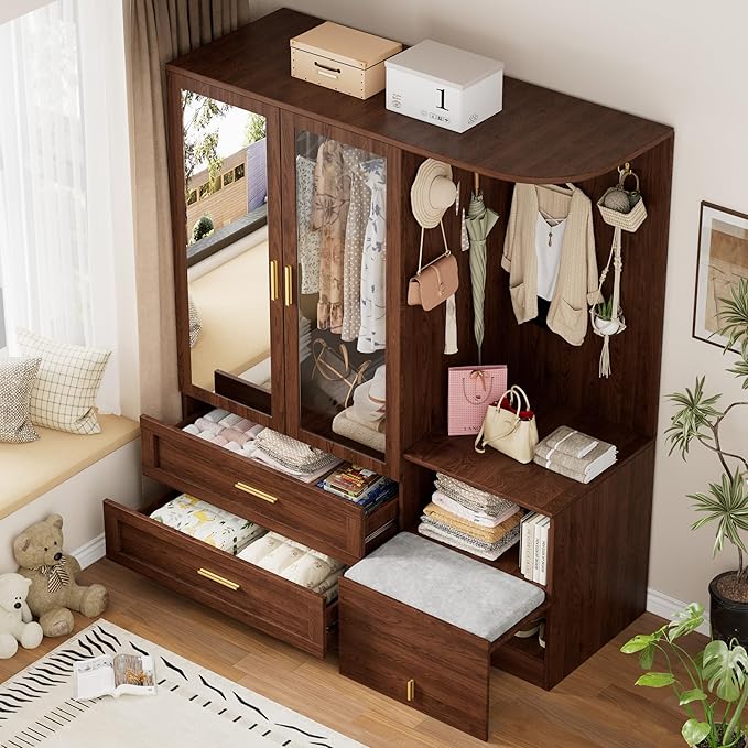 PAKASEPT 2 Doors Armoire Wardrobe Closet with Mirror,71'' Tall Freestanding Wooden Wardrobe Closet Farmhouse Storage Cabinet for Bedroom with Hanging Rod,Clothes Hook,Drawers,Hidden Bench,Retro Brown