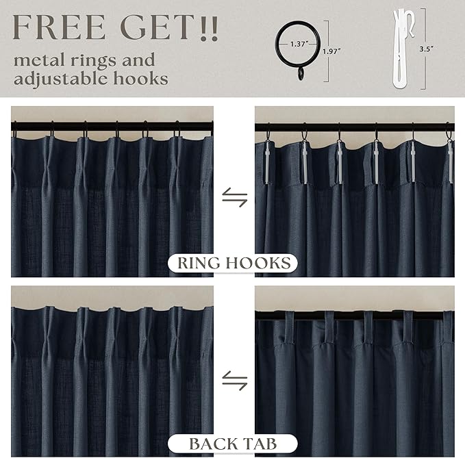 Dark Blue Linen Curtains 102 Inches Long for Living Room Pinch Pleated Drape with Hooks Rings for Track System Light Filtering 102 Inch Curtain for Bedroom Sliding Patio Door 2 Panels Navy Indigo