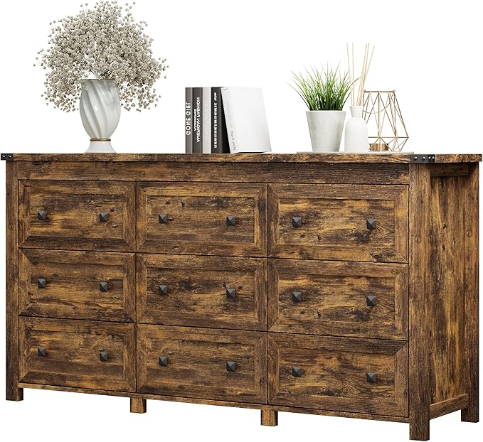 Dresser for Bedroom with 9 Drawers, Farmhouse Wood Chest of Drawers, Wide TV Stand Closet Storage Furniture with Metal Handle, Modern Clothes Organizer for Hallway, Living Room, Entryway, Brown