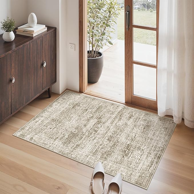 2x3 Washable Rugs for Kitchen, Floor, Entryway, Powder Room Small Area Rug Non-Slip Vintage Low Pile Throw Door Mat Brown