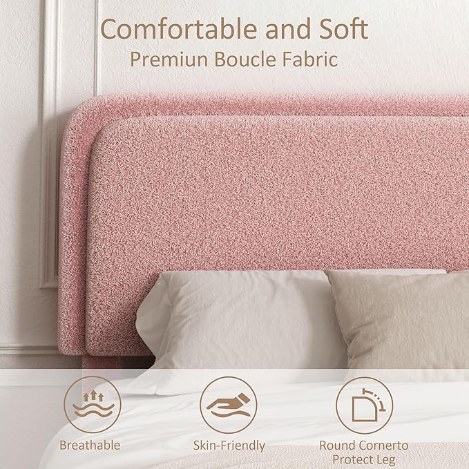 Twin Size Platform Bed Frame with Headboard, Boucle Upholstered Desige, Anti-Collision Corners, Soft Rounded Corners, No Box Spring Required, Easy Assembly, Noise Free