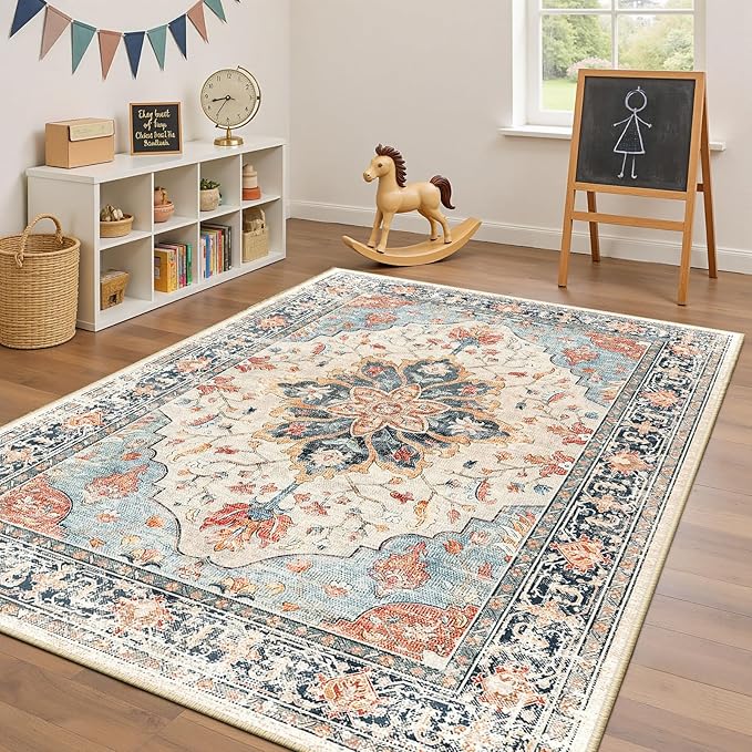Area Rugs 4'x6' Washable Non-Slip, Floral Vintage Distress Print Pattern Medallion Carpet for Living Room Bedroom Dining Room, Beige Navy Blue Orange Colorful