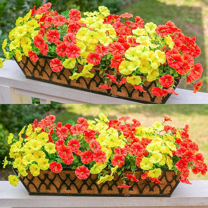 Artificial Flowers Fake Plants for Outdoors Decoration, 12 Bundles Silk Morning Glory with Eucalyptus Realistic UV Resistant Faux Flowers for Outside Planter Porch Yard Patio Garden Home Indoor, Mix