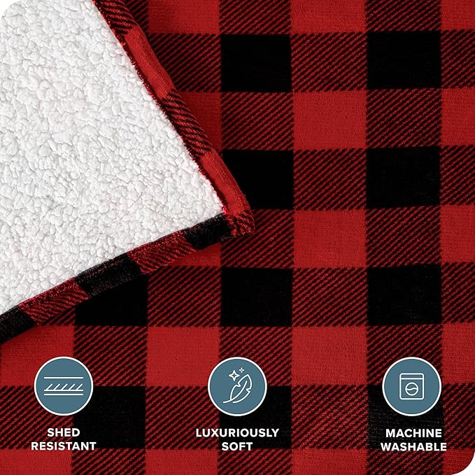Bare Home Sherpa Fleece Blanket - Twin/Twin Extra Long - Blanket for Bed, Sofa, and Couch - Warm & Lightweight - Fluffy & Soft - Reversible (Twin/Twin XL, Buffalo Plaid - Red/Black)