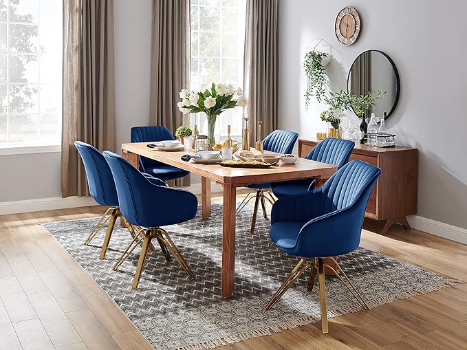 Zouron Mid Century Modern Swivel Accent Chair with Gold Metal Legs, Upholstered Swivel Chair No Wheels, Side Accent Arm Chair Vanity Chair for Small Space Home Office Living Room Bedroom, Dark Blue