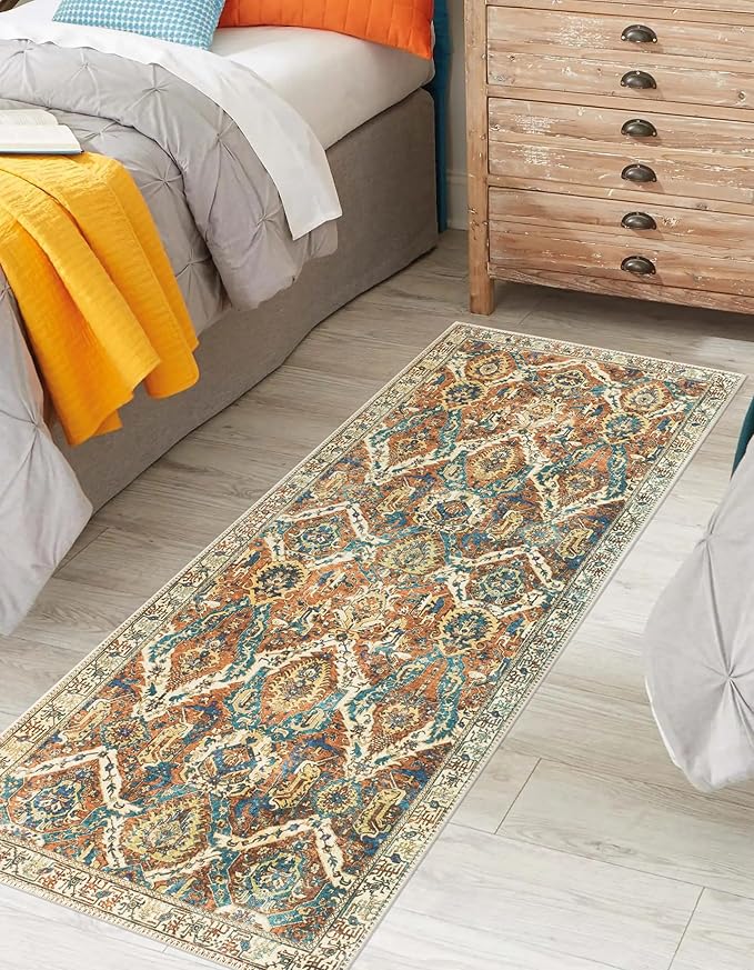 Keen Home Design 2x12 Rug - Machine Washable Runner with Non-Slip Backing, Ideal for Hallway, Entryway, Kitchen, Laundry Room - Vintage, Easy Clean, Durable, Low Pile Rug - (2'6" x 12')