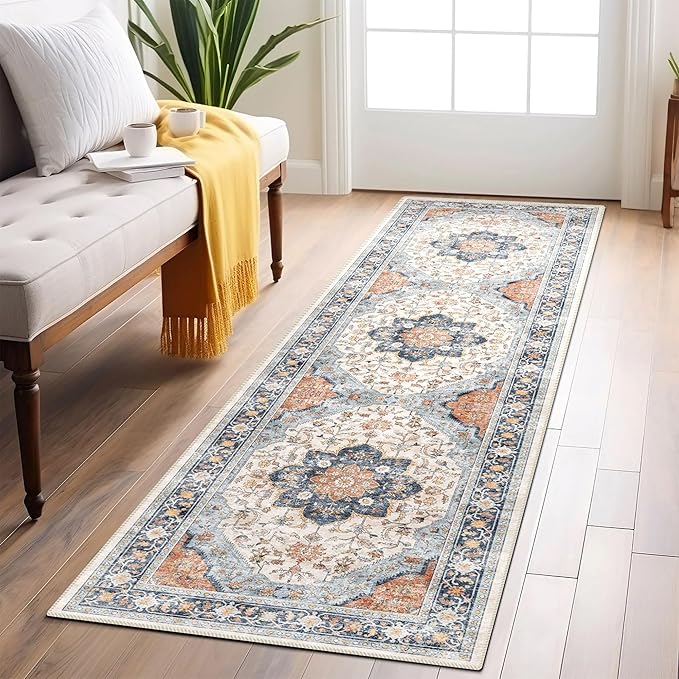 vivorug Runner Rug 2'x7' Washable Non-Slip Boho Runners for Hallways Kitchen Entryway Laundry Room Carpet Hallway Runner Orange/Navy