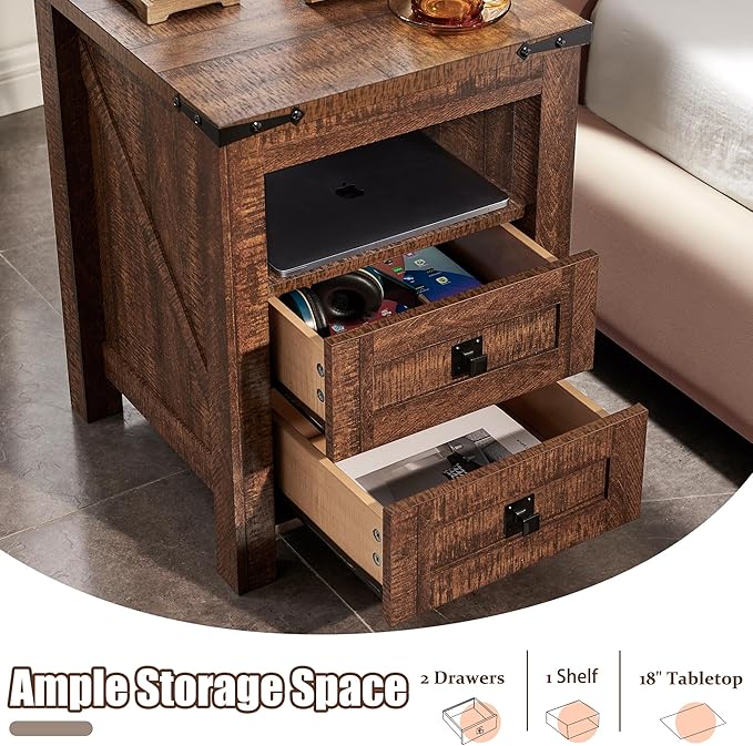 T4TREAM Farmhouse Nightstand Set of 2 with Charging Station, Rustic End Table with 2 Drawers, Storage Open Shelf for Bedroom, Living Room, Wood Side Table, Reclaimed Barnwood