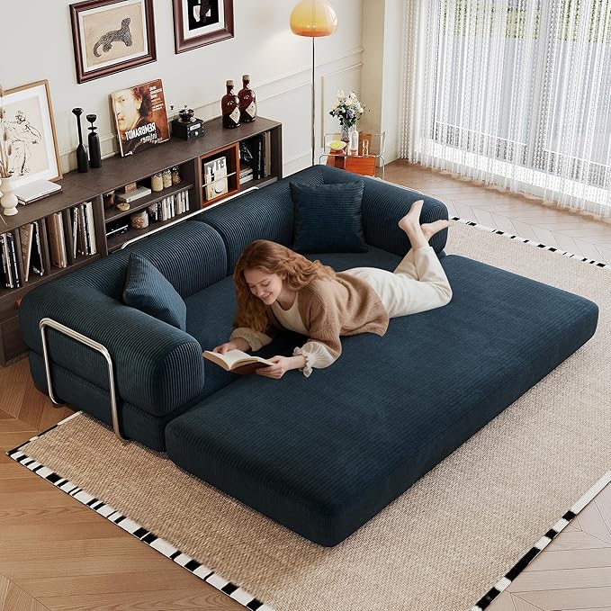 79" Convertible Sofa Bed with Fixed-Shape Frame, Corduroy Folding Pull Out Couch, No Assembly Modern Boneless Couch Compression Sofa in Box, Floor Sofa for Living Room,Blue