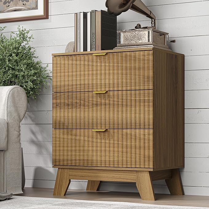 Fluted 3 Drawer Dresser, 30.3" Tall Compact Modern Boho Chest of Drawers, Wooden Storage Cabinet for Bedroom, Living Room, Entryway, Curved Profile Design
