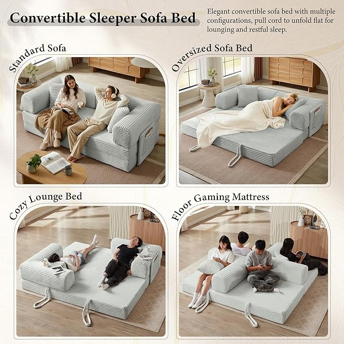 Boneless Couch Folding Couches for Living Room Sofa, Futon Sofa Bed with Sleeper Sofa, Futon Couch with Fixed-Shape Oversized Corduroy Upholstered (Light Grey, 81 Inches)