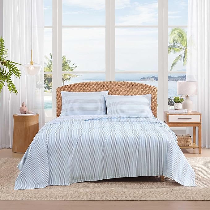 Tommy Bahama - Queen Sheets, Super Soft Cotton Percale Bedding Set with Matching Pillowcases, Crisp & Cool, Coastal Room Essentials (Weekend Stripe Blue, Queen)