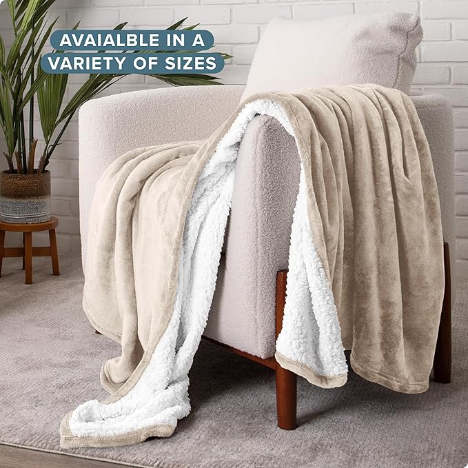 Bare Home Sherpa Fleece Blanket - Throw/Travel Size - Blanket for Bed, Sofa, and Couch - Warm & Lightweight - Fluffy & Soft - Reversible (Throw/Travel, Oyster)