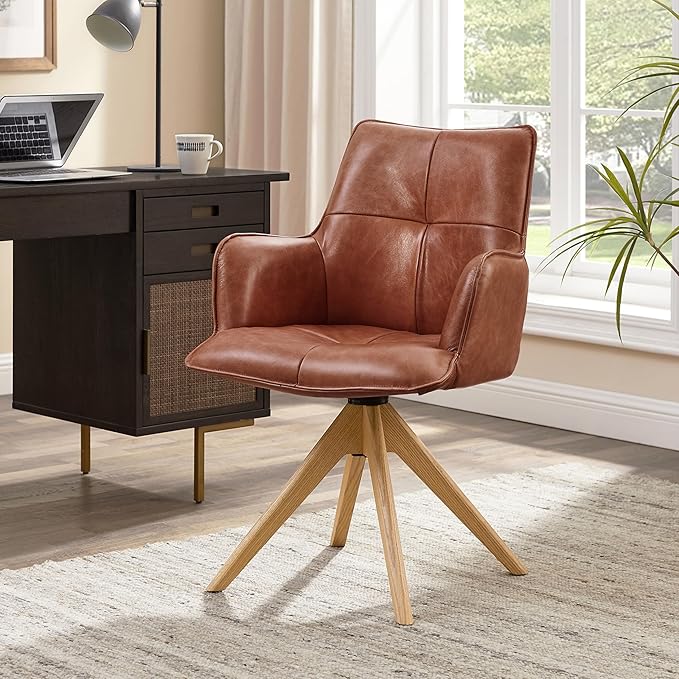 Art Leon Home Office Desk Chair - Genuine Leather Upholstered Accent Armchair, Mid Century Swivel Chair with Black Oak Wood Legs for Small Space Living Room Bedroom, Red Brown