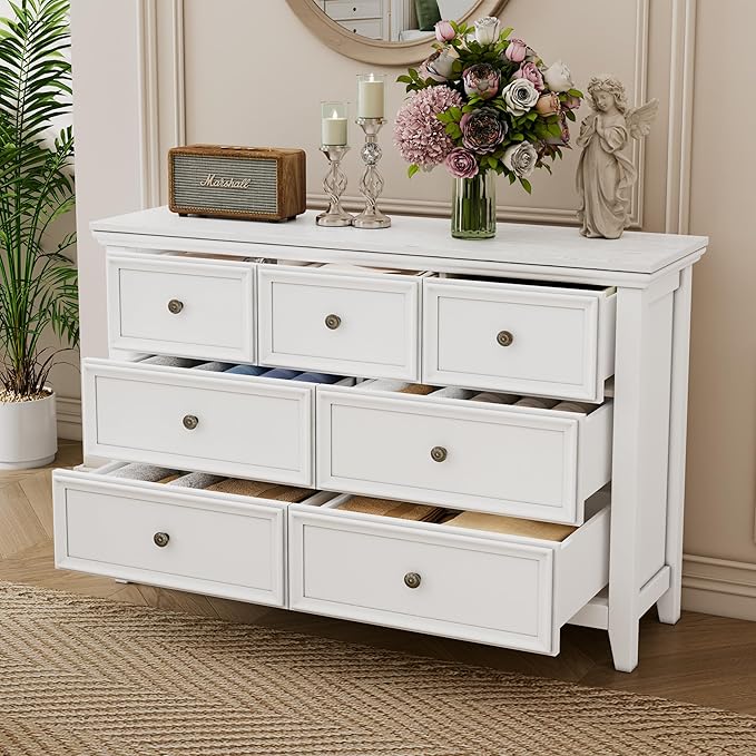 White Dresser for Bedroom, White 7 Drawers Dresser, Modern 7 Chest of Drawers, Closet Dresser, Farmhouse Dresser with 7 Storage Drawers Cabinet for Home Office, Study Room