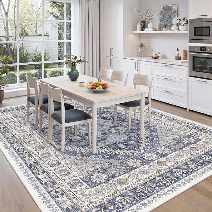 zesthome 9x12 Area Rugs,Stain Resistant Washable Rug,Ultra-Thin Rugs for Living Room,Bedroom,Non-Slip Backing Home Decor Large Area Rug (Blue/Beige,9'x12')