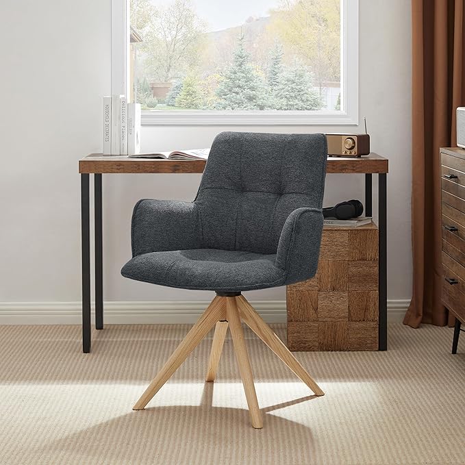 Art Leon Swivel Office Chair - Mid Century Modern Desk Chair No Wheels, Fabric Upholstered Accent Chair with Oak Wood Legs for Small Space Living Room Bedroom, Set of 2, Dark Gray