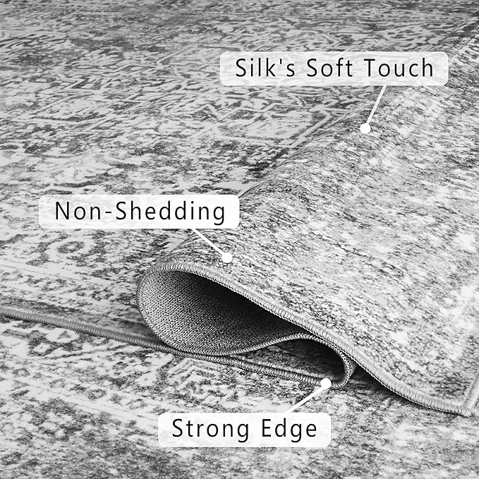 vivorug 6x9 Area Rugs, Stain Resistant Washable Rug for Living Room, Vintage-Inspired Grey Rug
