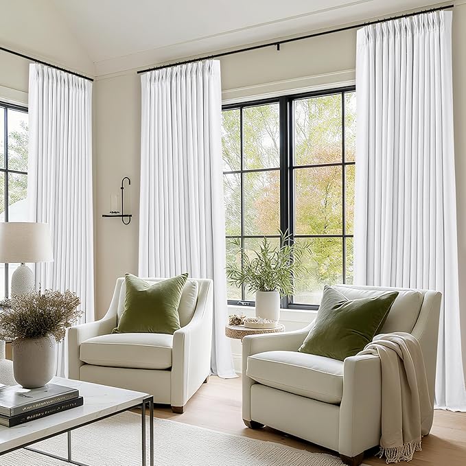 Soft White 100 Inch Floor Length Linen Blackout Curtains for Bedroom Pinch Pleated Black Out Thermal Insulated Window Drapes Light Blocking Double Layer Soundproof 100 Inch White Curtain 2 Panels