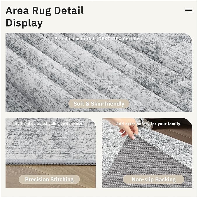 Runner Rug 2'6" x 12' Washable Non-Slip Runner Rugs for Kitchen Bathroom Laundry Room Vintage Ultra Thin Runners for Hallway Entryway Grey